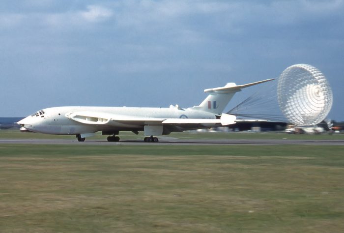 A Handley Page Victor in its ‘anti flash’ white paint, deploying its drag chute upon landing.