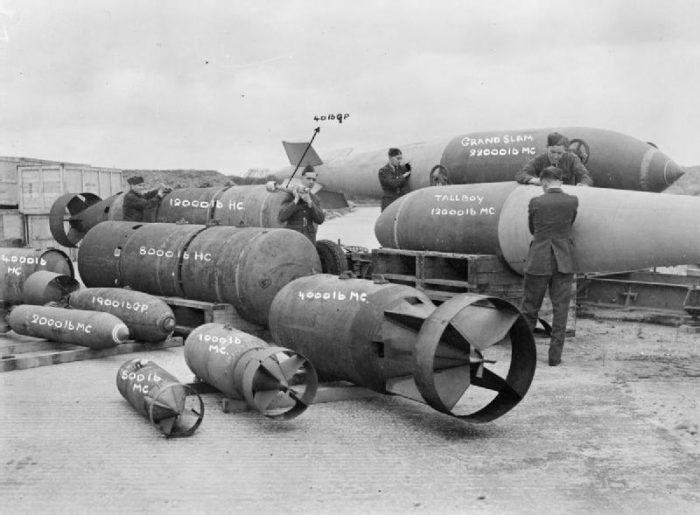 This collection of ordinance shows the huge size of the Tall Boy bomb, and the even larger Grand Slam Bomb.