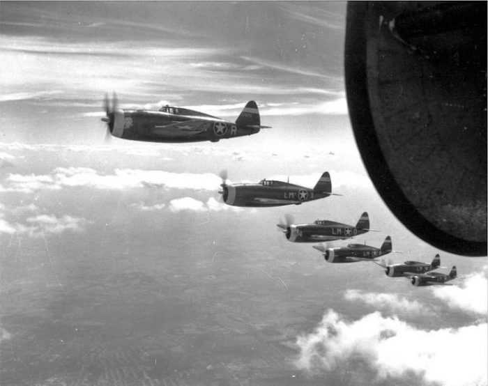 62d Fighter Squadron P-47 Thunderbolts on an escort mission, 1943.