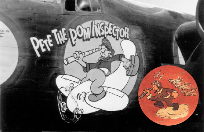 A close-up of Pete the Pom Inspector’s nose art combined with its assembly ship polka dots.