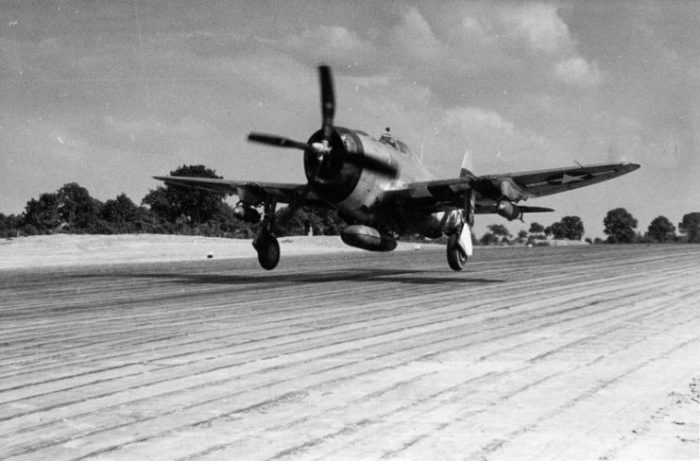 A P-47 Thunderbolt during take off.