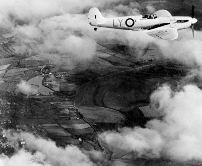 A Royal Air Force Supermarine Spitfire Mark I of No. 1 Photographic Reconnaissance Unit RAF in flight.