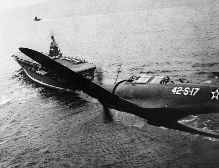 A U.S. Navy Vought SB2U Vindicator (42-S-17) of Scouting Squadron 42 (VS-42) returning to the aircraft carrier USS Ranger (CV-4) on 4 December 1941. Ranger was escorting a convoy in the Atlantic.