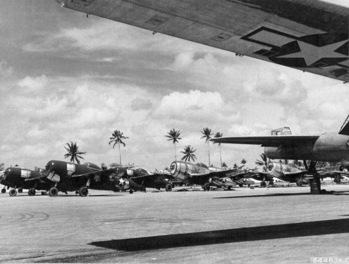 Newly arrived USAAF Republic P-47 Thunderbolts lined up in a maintenance area at Agana Airfield, Guam, Marianas Islands on 28 March 1945.