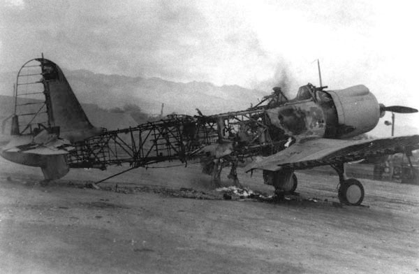 One of the seven Vought SB2U-3 Vindicators of U.S. squadron VMSB-231 destroyed on the field at Ewa during the attack on Pearl Harbor