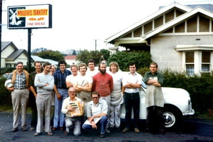 Miller (front centre) and the rest of the staff at his family bakery business in 1982.