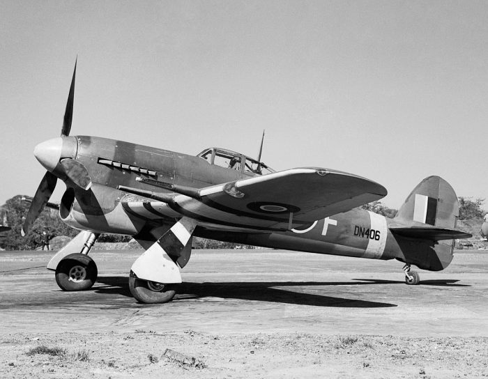 A Hawker Typhoon in 1943, showing its identification stripes under the wings.