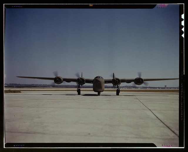 A C-87 transport plane, just off the assembly line, at the Consolidated Aircraft Corporation field, Fort Worth, Texas.