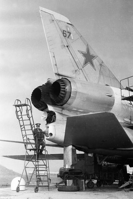 A Soviet engineer checks the 23-mm R-23 cannon in the remotely controlled tail turret.