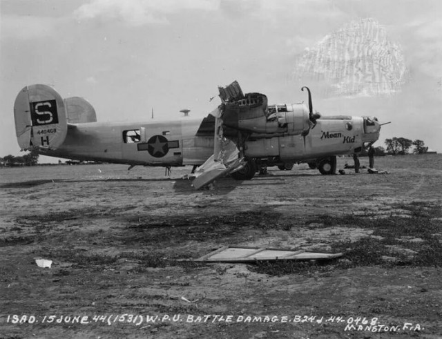Damaged B24 at Manston after emergency landing 15 June 1944