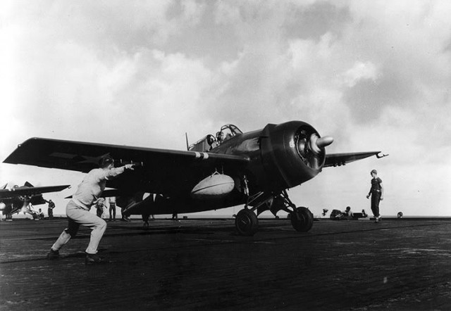 A U.S. Navy Grumman FM-2 Wildcat fighter of composite squadron VC-84 launching from the escort carrier USS Makin Island (CVE-93) in the Pacific in 1945.
