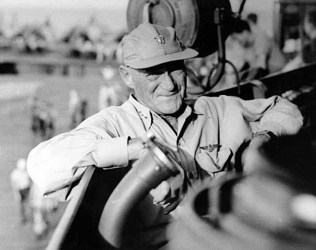 Vice Admiral Marc A. Mitscher on board USS Lexington (CV-16), at the time of the Marianas campaign, June 1944.