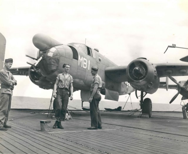 A North American PBJ-1D Mitchell bomber of U.S. Marine Corps bombing squadron VMB-611 on the deck of the escort carrier USS Manila Bay (CVE-61) during transport of the squadron’s flight echelon to its operating area in the Pacific, August 1944.