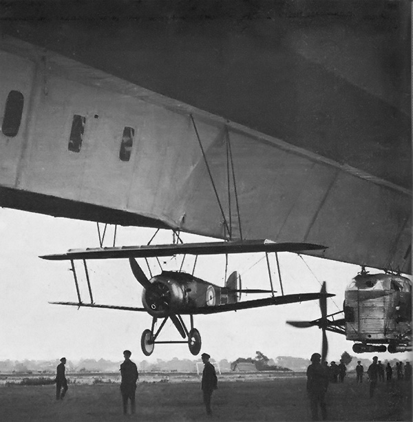 Sopwith 2F.1 Camel suspended from airship R 23 prior to a test flight.