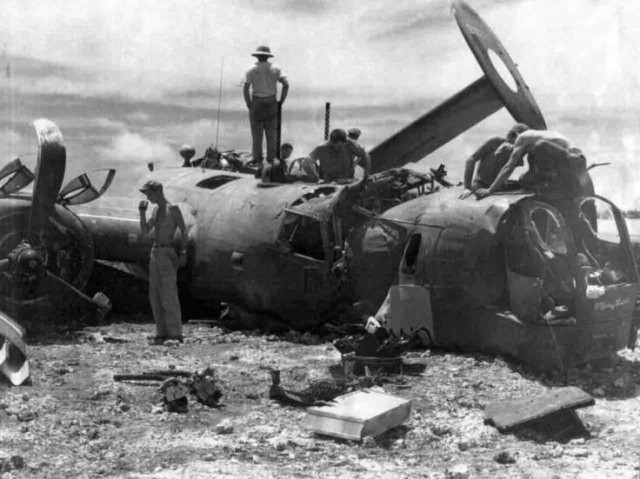 The Consolidated B-24 bomber “The Chambermaid” after an emergency landing