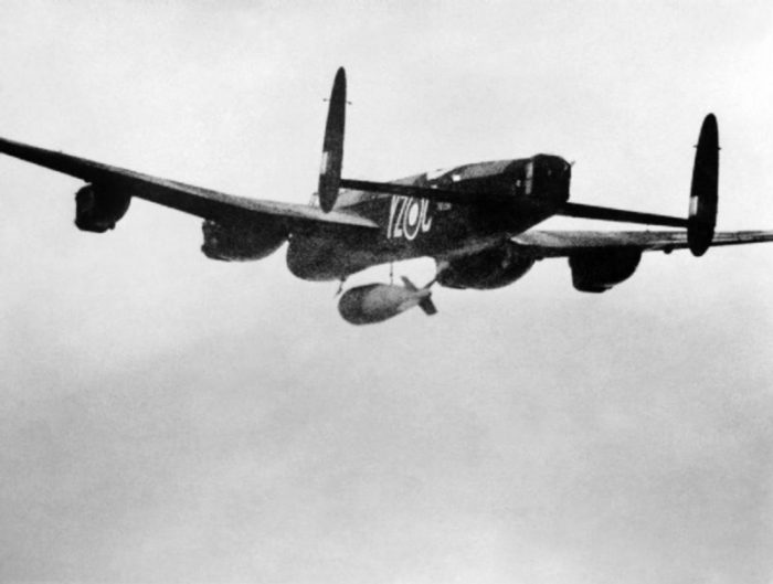 A 617 Squadron Lancaster dropping a Grand Slam bomb on the Arnsberg viaduct, March 1945.