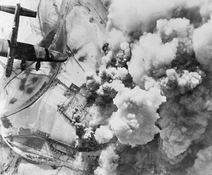 Aerial photograph of an attack by Royal Air Force Avro Lancaster bombers on St. Vith, Belgium, on 26 December 1944.
