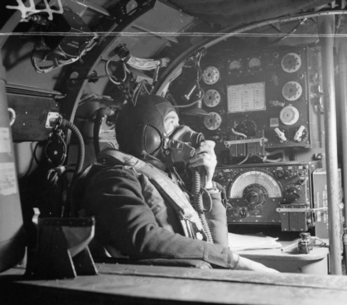Flying Officer R W Stewart, a wireless operator on board an Avro Lancaster B Mark I
