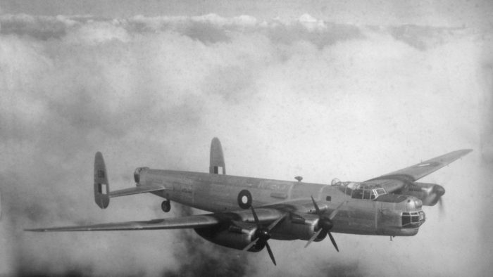 Lincoln A73-20 during a test flight. Both starboard engines have their propeller blades feathered
