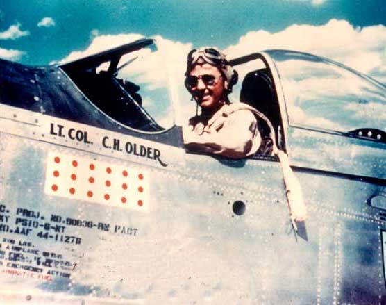US pilot Lieutenant Colonel C. H. Older in the cockpit of a P-51D Mustang fighter, China, circa Feb-Mar 1945