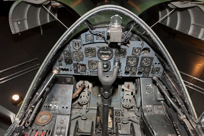 The cockpit dials and instruments of in the Dornier Do 335. Image courtesy of Smithsonian National Air and Space Museum.