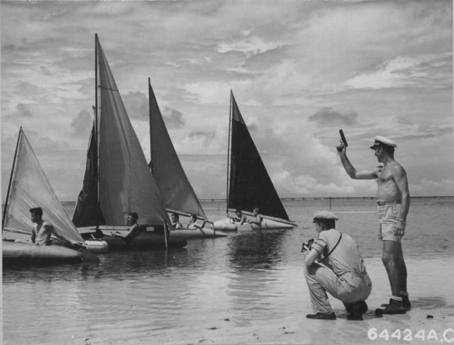 Given a little downtime on Palau, a bomber crew of the 7th Air Force turned fuel tanks into racing sailboats. You will see this in Vietnam too. (NARA)