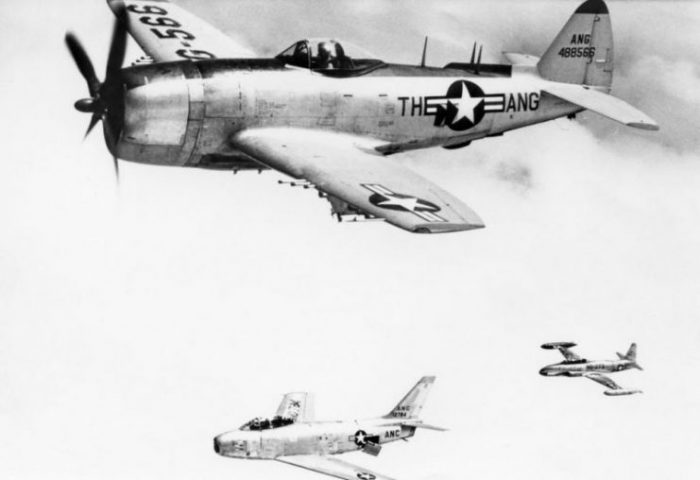 Republic F-47N-5-RE Thunderbolt 44-88566 along with an F-86A Sabre and T-33 Shooting Star trainer, 1954