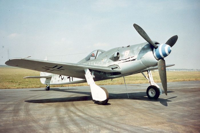 An Fw 190 D-9. The exhaust outlets can be seen along the lower side of the frontal fuselage, as this version used a V12 engine.