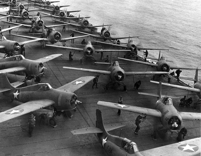 Flight deck of USS Hornet (CV-8) on the morning of 4 June 1942. Aircraft are spotted and ready to take off for strike on Japanese Kido Butai during Battle of Midway.