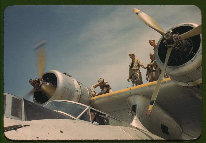 Working on a Consolidated PBY at the Naval Air Base, Corpus Christi, Texas.