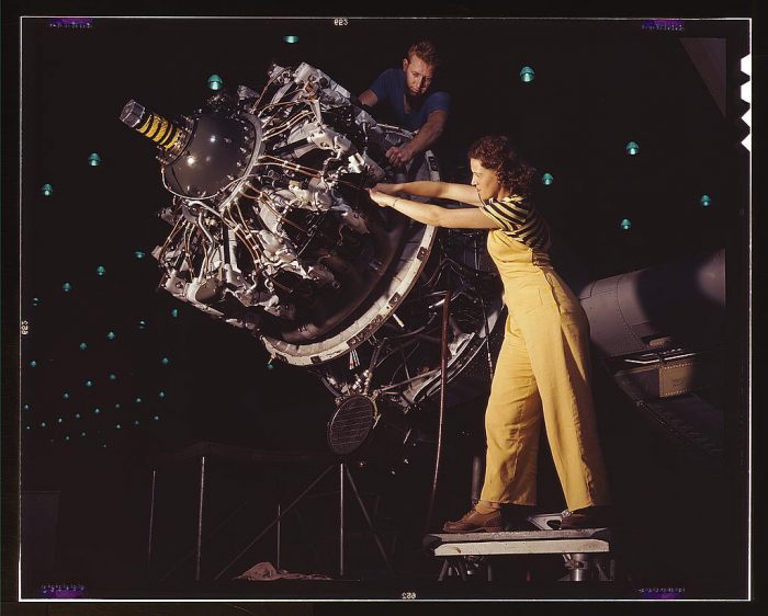 Women are trained to do precise and vital engine installation detail in Douglas Aircraft Company plants, Long Beach, Calif.