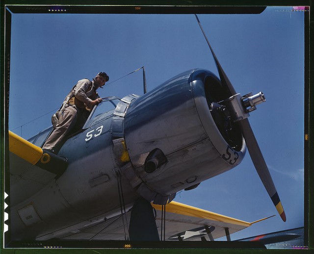 Aviation cadet in training in a vought OS2U Kingfisher at the Naval Air Base, Corpus Christi, Texas.