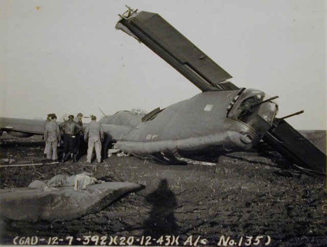 B-24H-1-CF, 392nd BG, 579th BS, “Last Frontier” crash landed at Wendling, UK, after three engines stopped. 1 killed.