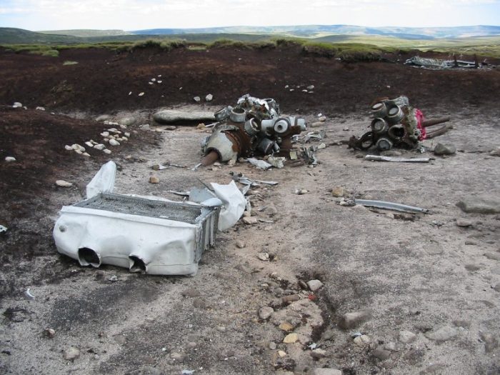 The wreckage of a B-29 that crashed on the Bleaklow Moor in the Peak District in 1948. Much of the wreckage still remains, however large quantities have been taken away over the years.