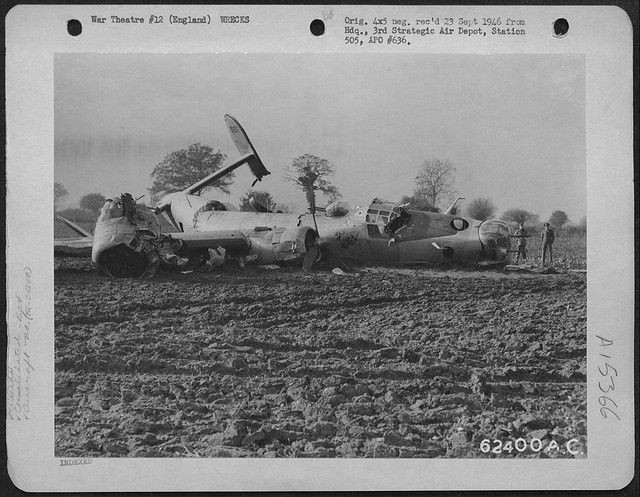 B-24J-1-DT Liberator s/n 42-51250 701st Bomb Squadron, 445th Bomb Group, 8th Air Force. Damaged over Coblenz, Germany on the return flight from bombing the marshalling yards at Hanau, Germany on November 11,1944. She crash landed at her home field of Tibenham.