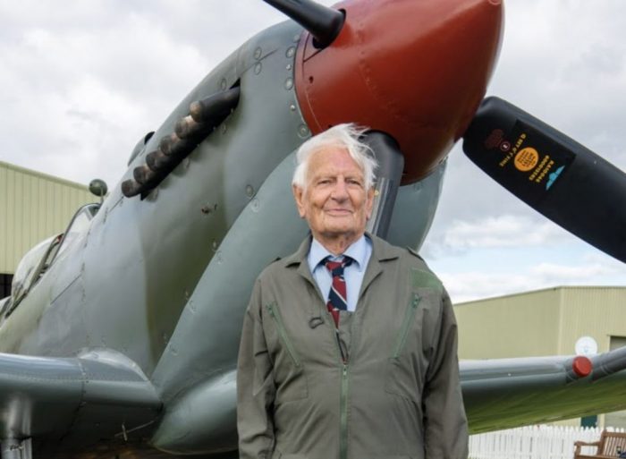 Bernard Gardiner in front of the Spitfire. Image courtesy of Hawker Typhoon Preservation Group