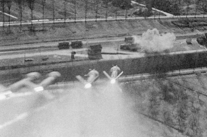 A still from a film taken during a Hawker Typhoon rocket attack.