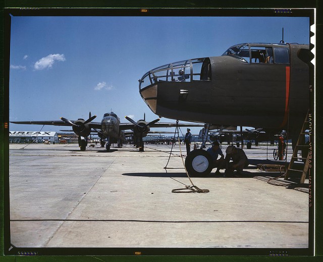 New B-25 bombers lined up for final inspection and tests at the flying field of an aircraft plant, North American Aviation, Inc., Calif. It performs at the 25,000-foot ceiling.