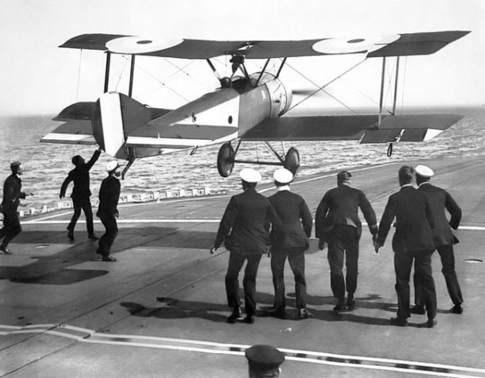 Sqn Cdr E. H. Dunning attempting a landing on HMS Furious in a Sopwith Pup (August 1917).