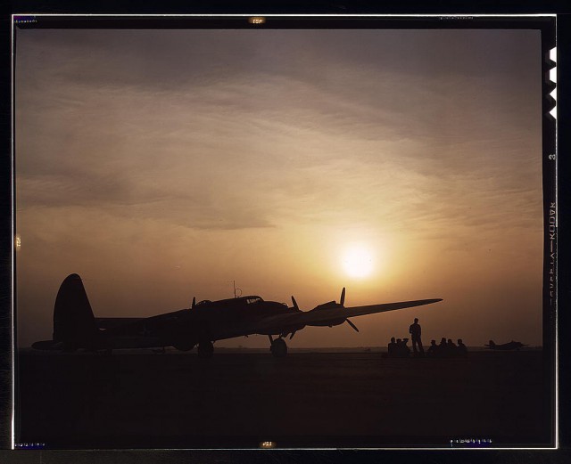 Sunset silhouette of B-17 Flying Fortress, Langley Field, Virginia.