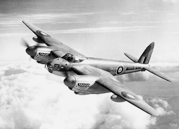 A Royal Air Force de Havilland Mosquito B.XVI in flight.