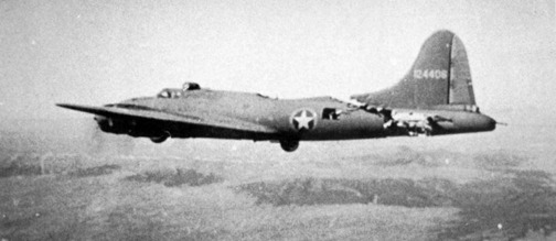 Boeing B-17F-5-BO (S/N 41-24406) “All American III” of the 97th Bomb Group, 414th Bomb Squadron, in flight after a collision with an ME-109 over Tunis. The aircraft was able to land safely at her home base in Biskra, Algeria.