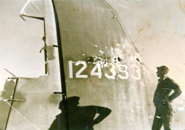 B-17 Eager Beaver Tail Damage (C. 1942). Serial No. 124393 full of holes.