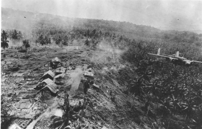 B-25D ‘Red Wrath’ bombing anti-aircraft sites, Wewak & Boram, New Guinea, 16 October 1943.