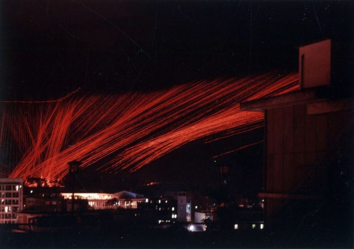 Night attack of a Douglas AC-47D Spooky gunship over Saigon, 1968. This photo shows the quantity of tracers from the aircraft, which are 1 in every 5 rounds.