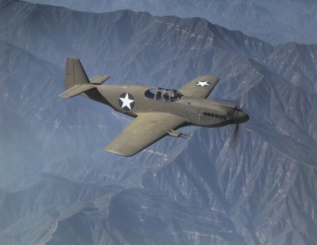 P-51A Mustang during a test flight near the North American Aviation plant in Inglewood, California, United States, Oct 1942