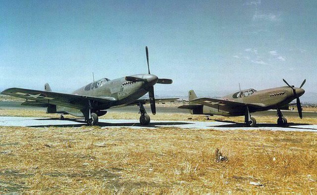 P-51B & P-51A Mustang fighters side-by-side at North American Aviation plant at Inglewood, California, United States, 1943